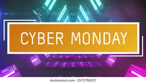Image of cyber monday text over neon pattern background. Global online shopping, digital interface, communication, computing and data processing concept digitally generated image.