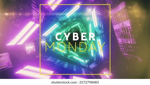 Image of cyber monday text over neon pattern background. Global online shopping, digital interface, communication, computing and data processing concept digitally generated image.