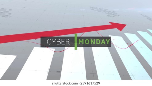Image of cyber monday text over statistics. Online shopping, shipping, digital interface, communication, computing and data processing concept digitally generated image.