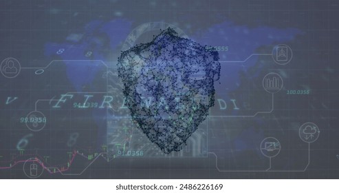 Image of cyber security data processing over security shield icon against world map. Global networking and cyber security technology concept