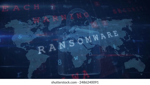Image of cyber security data processing over security padlock icon against world map. Global networking and cyber security technology concept