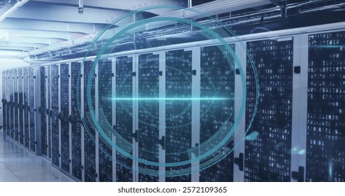 Image of cyber security text and biometric scanner processing eye over server room. Network, data, security, biometrics, processing, digital interface and communication, digitally generated image.