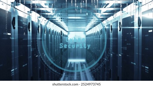 Image of cyber security text and digital data processing over computer servers. Global cyber security, connections, computing and data processing concept digitally generated image.