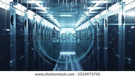 Image of cyber security text and digital data processing over computer servers. Global cyber security, connections, computing and data processing concept digitally generated image.