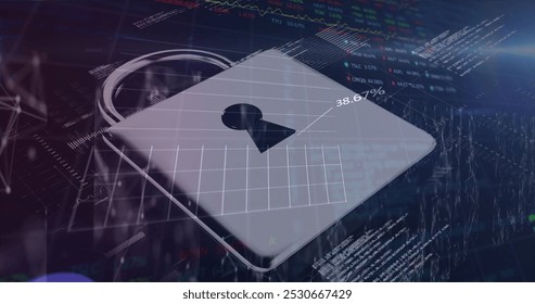 Image of data data, financial graphs and digital padlock on navy background. Data processing, digital safety and finance concept digitally generated image.