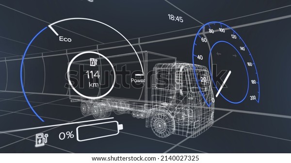 Image of data\
processing and car panel with lorry on black background. global\
business, finances, connections and digital interface concept\
digitally generated\
image.