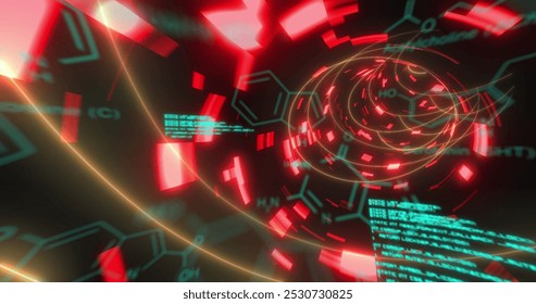 Image of data processing and chemical formulas over black background with neon lights. Science, human biology and technology concept digitally generated image.