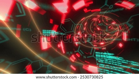 Image of data processing and chemical formulas over black background with neon lights. Science, human biology and technology concept digitally generated image.