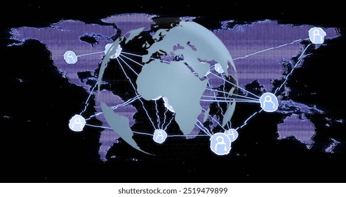 Image of data processing and connections over world map and globe on black background. Global technology, connections, computing and digital interface concept digitally generated image.