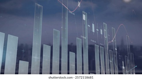 Image of data processing and diagrams over cityscape. Global business and digital interface concept digitally generated image.