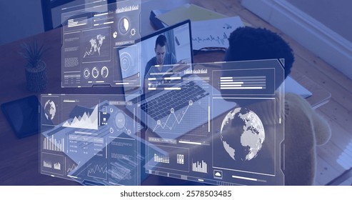 Image of data processing and diagrams over diverse male teacher and student having video call. Technology, education and digital interface concept digitally generated image.