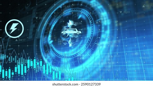 Image of data processing and diagrams over scope scanning with 5g text. Technology, business and digital interface concept digitally generated image.