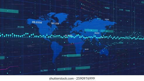 Image of data processing and diagrams over world map and stock market. Global technology and digital interface concept digitally generated image.