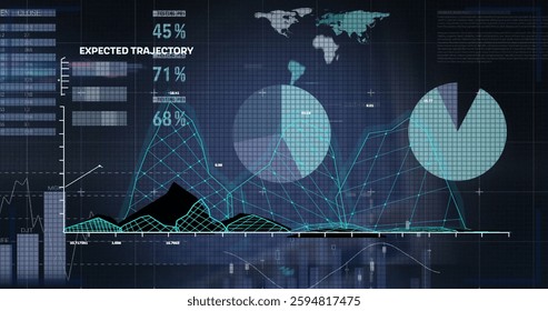 Image of data processing and diagrams over world map. Global business and digital interface concept digitally generated image.