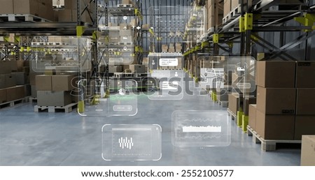 Image of data processing and diagrams over warehouse. Global delivery and digital interface concept digitally generated image.