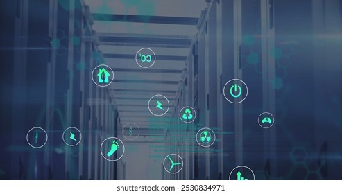 Image of data processing and ecology icons over server room. Global business and digital interface concept digitally generated image.