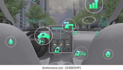 Image of data processing and ecology icons over car and city. Global business and digital interface concept digitally generated image.