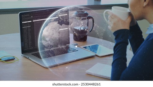Image of data processing and globe over caucasian businesswoman using laptop. Computer security day and celebration concept digitally generated image.