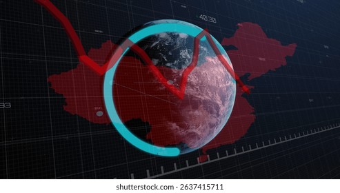 Image of data processing with graph over world map and globe. Global business, computing and digital interface concept digitally generated image.