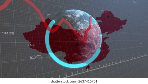 Image of data processing with graph over world map and globe. Global business, computing and digital interface concept digitally generated image.