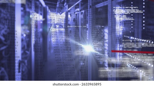 Image of data processing and lights over servers. Computers, network, data processing and technology concept digitally generated image.