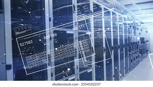 Image of data processing and network of connections over server room. Global technology, computing and digital interface concept digitally generated image. - Powered by Shutterstock