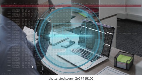 Image of data processing over african american businessman using laptop. Computer security day and celebration concept digitally generated image.