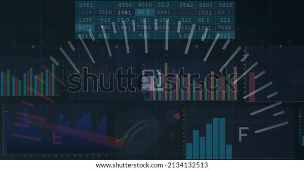 Image of data processing over car panel. global\
business, finances, connections and digital interface concept\
digitally generated\
image.