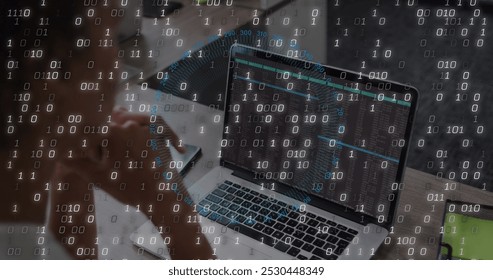 Image of data processing over caucasian businesswoman using laptop. Computer security day and celebration concept digitally generated image.