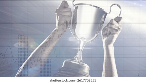 Image of data processing over caucasian sportsman holding cup. global business, finances, connections and digital interface concept digitally generated image.