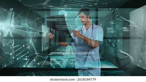 Image of data processing over caucasian male doctor with xray. global medicine and digital interface concept digitally generated image.