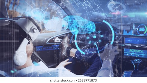 Image of data processing over caucasian man wearing vr headset sitting in car. Global technology and digital interface concept digitally generated image.