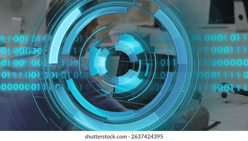 Image of data processing over caucasian businessman using laptop. Computer security day and celebration concept digitally generated image.