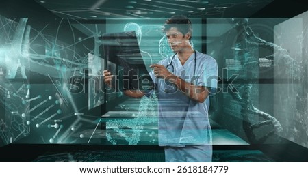 Image of data processing over caucasian male doctor with xray. global medicine and digital interface concept digitally generated image.