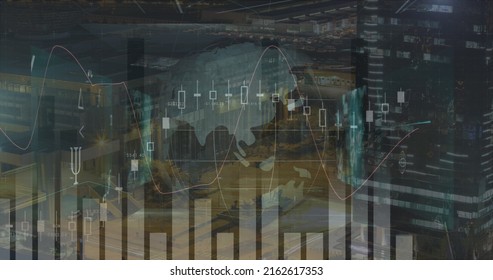 Image of data processing over cityscape. global sport, connections and digital interface concept digitally generated image.