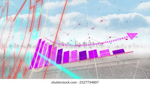 Image of data processing over cityscape. Global business and digital interface concept digitally generated image.