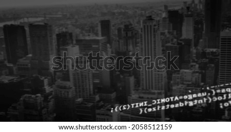 Image of data processing over cityscape. global business, finances, digital interface and connections concept digitally generated image.