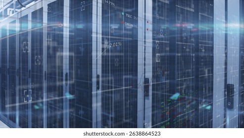 Image of data processing over computer servers. Global computing, technology, data processing and networks concept digitally generated image.