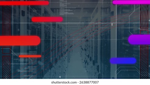 Image of data processing over computer servers. Global computing, connections, data processing and digital interface concept digitally generated image.