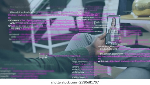 Image of data processing over diverse colleagues having smartphone image call. Data, networks, digital interface, business and communication, digitally generated image. - Powered by Shutterstock