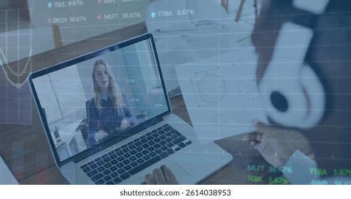 Image of data processing over diverse business people having image call. global medicine and digital interface concept digitally generated image.