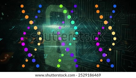 Image of data processing over dna strands and padlock. Global business and digital interface concept digitally generated image.