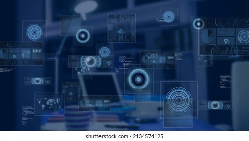 Image Of Data Processing Over Empty Office. National Administrative Assistant Day And Celebration Concept Digitally Generated Image.