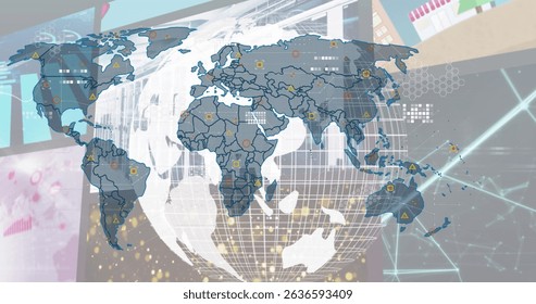 Image of data processing over globe and world map. Global data processing, business, finance and statistics concept digitally generated image. - Powered by Shutterstock - Get 15% off with code: PIKWIZARD15