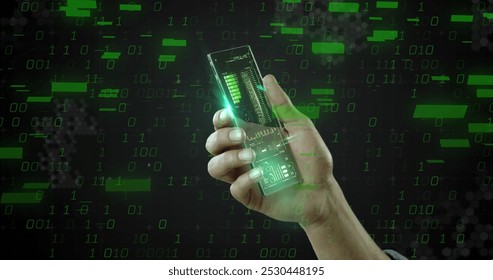 Image of data processing over hands with digital screens. Computer security day and celebration concept digitally generated image.