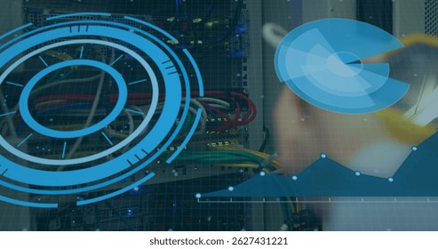 Image of data processing over hands of caucasian man checking servers. computers, network, data processing, communication and technology concept digitally generated image.