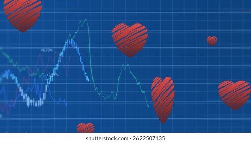 Image of data processing over hearts. global business, celebration and digital interface concept digitally generated image.