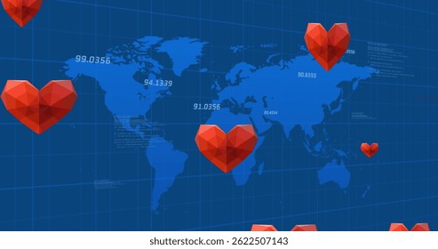 Image of data processing over hearts. global business, celebration and digital interface concept digitally generated image.