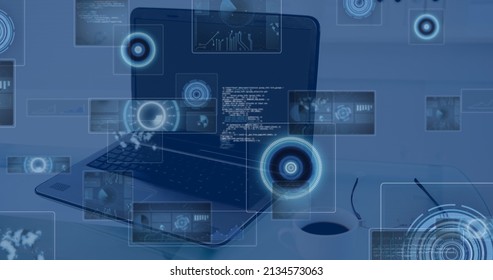 Image Of Data Processing Over Laptop. National Administrative Assistant Day And Celebration Concept Digitally Generated Image.