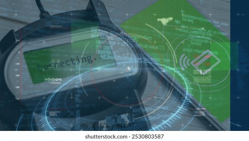 Image of data processing over payment terminal and smartphone. Global business and digital interface concept digitally generated image.